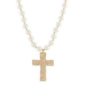 Hammered Cross Pearl Necklace